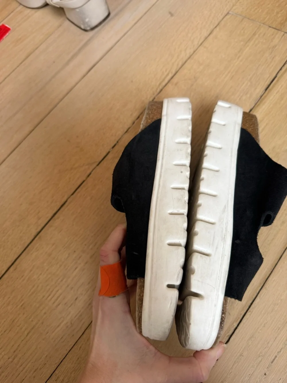 PAPILLIO BY BIRKENSTOCK WOMENS chunky Arizona slides white lug sole black suede - Picture 7 of 9